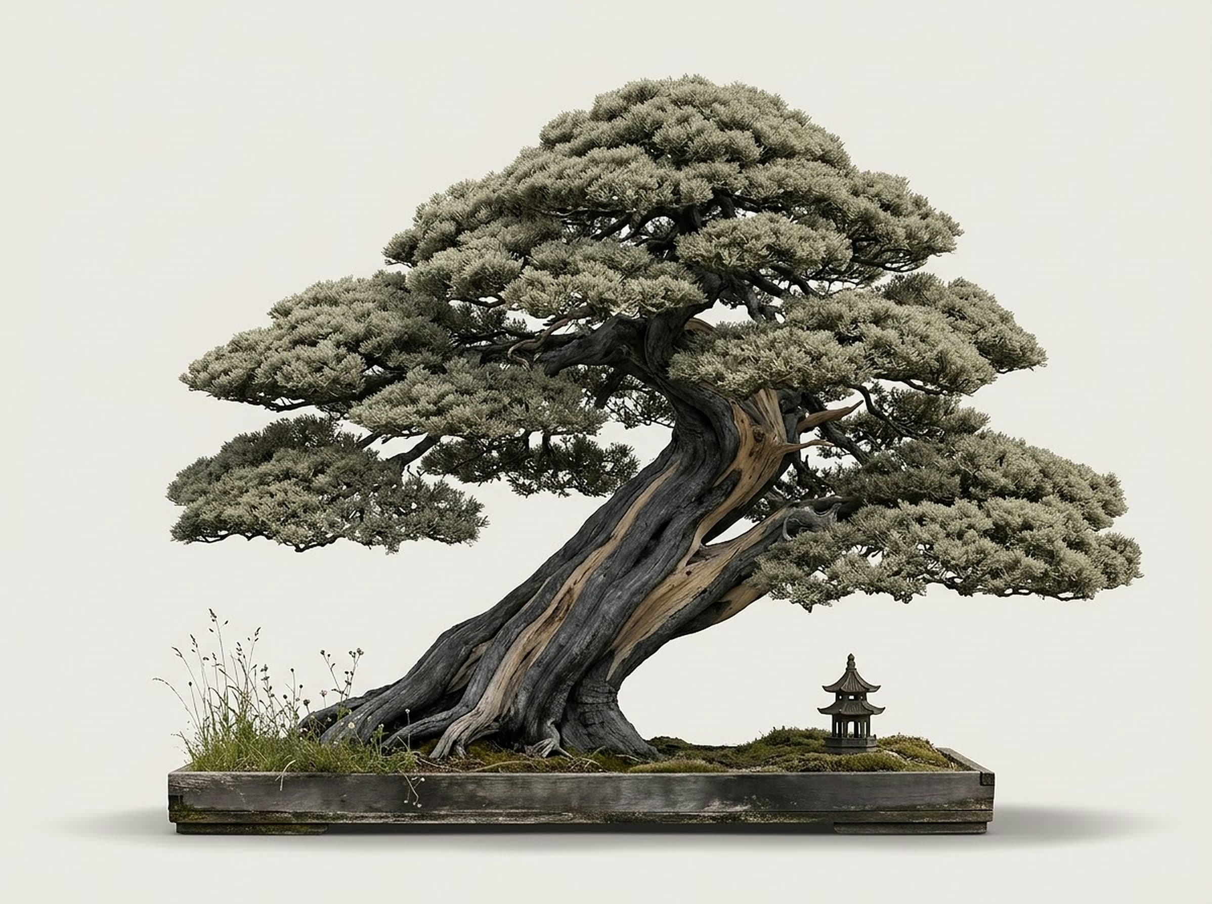 A large, leaning bonsai with a weathered grey trunk and a wide olive-green canopy, in a long wooden planter with a small pagoda ornament